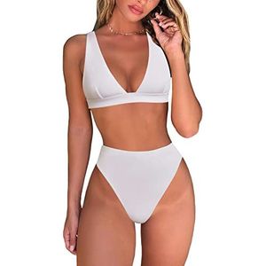 fatty tiger dames high-waist string-bikini, sexy Braziliaans tweedelig badpak met triangel-top en diepe V-hals, Wit, S