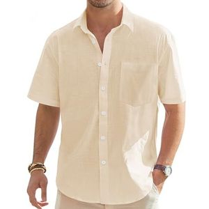 J.Ver Katoenen T-shirt voor heren, linnen, casual, licht, knoop, strand, zomer, met zak, beige, 4XL