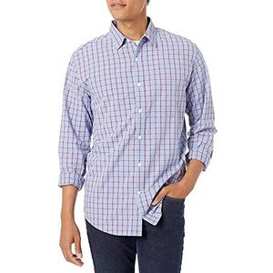 Amazon Essentials Men's Casual poplin overhemd met normale pasvorm en lange mouwen, Lichtblauw Rood Plaid, XS