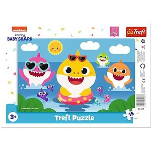 Trefl - Baby Shark, Vrolijke Haaien - Puzzel Voor Kleuters, 15 Grote Stukken, Frame En Stevige Onderlegger, Kleurrijke Puzzel Met Sprookjesfiguren Van Babyhaaien, Haaien, Voor Kinderen Vanaf 3 Jaar