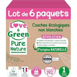Love & Green Pure Nature verpakking van 6 stuks (32 per stuk = 192) ongebleekte ecologische luiers T1 x 32 (2-5 kg)