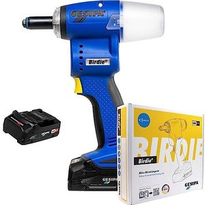 Gesipa Birdie 1746723 met 2 x accu 2,0 Ah en 1 x oplader in doos, 10 kN zuigkracht, voor blindklinknagels tot Ø 5 mm, aluminium tot Ø 6 mm, nietmachine