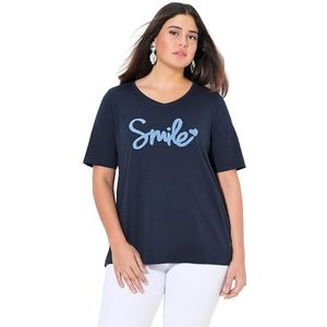 Ulla Popken Dames grote maten grote maten plus size T-shirt met pluizige opschrift, Classic, marineblauw, 42-44 Grote maten