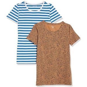 Amazon Essentials Dames T-shirt met korte mouwen en ronde hals, set van 2, blauw gestreept/cameldier, X-Large