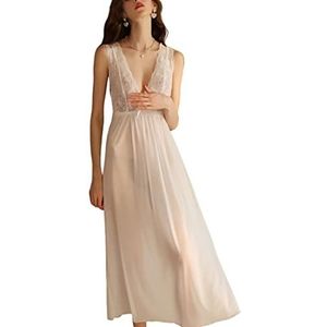Rubruan Women's Long Nightdress Sleeveless Pajamas Lace V-neck Nightgown Satin Lightweight Sleepwear Backless White