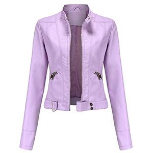 YFFUSHI Klassieke PU-lederen motorjas voor dames, korte slim fit, casual jas met ritssluiting, lichtpaars, S