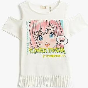 Koton Girls Anime Bedrukt T-shirt met korte mouwen, Tasseled Cutout Detail Katoen, ecru (010), 5-6 Jaar
