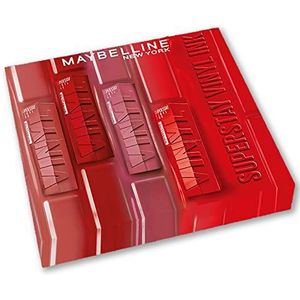 Maybelline New York - Exclusieve set met 4 vloeibare lippenstiften, langdurig, Superstay Vinyl Ink - Kleuren: Red Hot (25)/Koy (20)/Peachy (15)/Wicked (50)