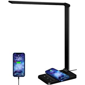 Weareok Bureaulamp, dimbaar, tafellamp, oogbescherming, bureaulamp in 5 kleuren en 6 helderheidsniveaus, 10 W, QI draadloze oplader en USB-aansluiting, tafellamp met stekker, touch, voor kantoor,