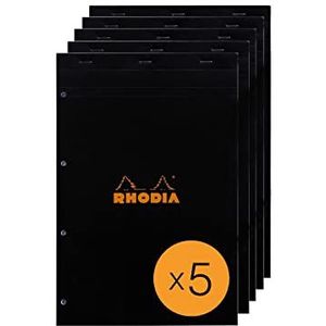 RHODIA 202009C notitieblok, geniet, nr. 20, zwart, A4+, kleine ruitjes, 80 vellen, verwijderbaar, 4 gaten, wit papier, 80 g/m², verpakking met 5 blokken