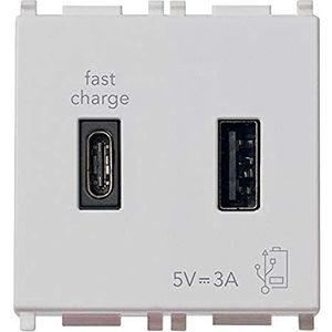 Vimar 14295.AC.SL Plana USB-stopcontact 5 V 3 A, 1 USB-uitgang type A en 1 type C, in totaal 3 A voor het opladen van een apparaat tot 3 A of tegelijkertijd twee apparaten