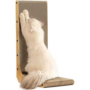FUKUMARU Krabplank voor katten, 68 cm hoog, L-vormig krabkarton voor katten, duurzaam kattenkrabbord met balspeelgoed, kattenkrabmeubels van hoogwaardig karton voor muur en hoek, middelgroot