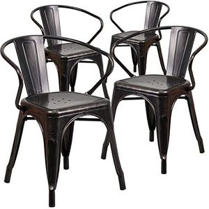 Flash Furniture Metal Chair met armen modern 4 Pack zwart-antiek-goud