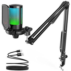 FIFINE Gaming Microfoon met Arm voor PC MAC PS4 PS5, USB Microphone PC voor Streaming Podcast Studio, Mute Knop, Popfilter, Shockmount