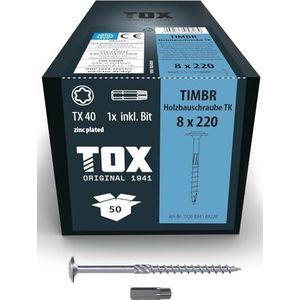 TOX Houtbouwschroeven TIMBR TK 8,0 x 220 mm, blauw verzinkt met plaatkop, TX40, schroeven voor gemakkelijk indraaien en hoog draagvermogen in houtbouw, 50 stuks in doos, incl. 1x bit, 1120804180220