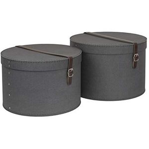 Bigso Box of Sweden Set van 2 opbergdozen - ronde opbergdoos met lederen bandjes - grote en kleine hoedendoos Duo gemaakt van vezelplaat en papier in linnen look - zwart