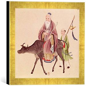 Ingelijste afbeelding van Chinese schilderij ""Lao-Tzu (c.604-531) on his buffalo, followed by a disciple"", kunstdruk in hoogwaardige handgemaakte fotolijst, 30x30 cm, goud raya