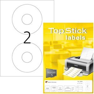 TopStick 8696 CD-etiketten A4 (Ø 117 mm, 100 vellen, papier, mat) zelfklevend, bedrukbaar, permanente klevende CD stickers, 200 etiketten voor printer, wit