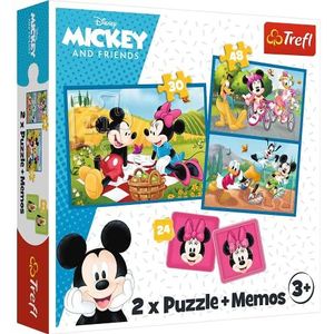 Trefl - Disney, Ontmoet de Disney Karakters - 3 in 1: 2x Puzzels + Geheugenspel, Puzzels met Sprookjesfiguren, 30 en 48 stukjes, 24 Memo's, Mickey Mouse, Leuk voor Kinderen vanaf 3 jaar oud