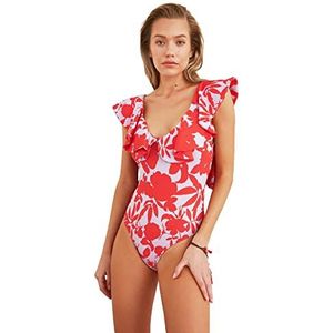 Trendyol Vrouwen Kort Enkele verpakking Rood badpak met volants en bloemenprint TBESS21MA0278
