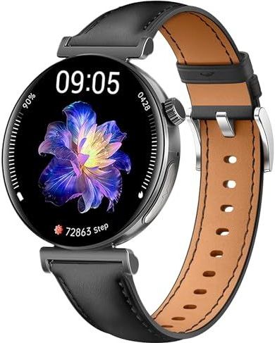 Knauermann PRO 3 Mini (2024) zwart - gezondheidshorloge smartwatch met telefoonfunctie - ECG + HRV en SOS-functie - AMOLED-display - BT Bluetooth - slaapapneu - rundlederen band zwart, 14-24, rond,