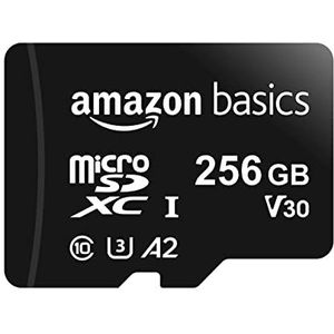 Amazon Basics Micro-SDXC-geheugenkaart, 256 gb, met SD-adapter, A2, U3, leessnelheid tot 100 MB/s, zwart