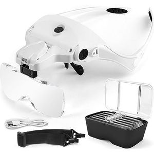 AUTOPkio Hoofdband Loep Bril, USB Opladen Handsfree Headset Loep Lees Loep Bril met 2 LED Licht Verwisselbaar 5 Lenzen 1.0X, 1.5X, 2.0X, 2.5X,3.5X