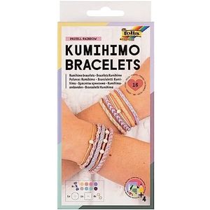 folia 32039 - Kumihimo Armbanden PASTELL RAINBOW, 16-delige armbandenset met garen, knoopschijven en kralen, incl. instructies.