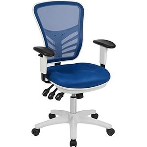 Flash Furniture Nicholas Mid-Back Blauw Mesh Multifunctionele Executive Swivel Ergonomische bureaustoel met verstelbare armen en wit frame