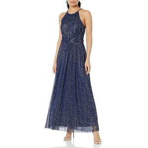 London Times Women's Plus Size Mesh Halter Maxi with Ruched Waistband Event Guest of Occasion Garden Party, Gold/Navy