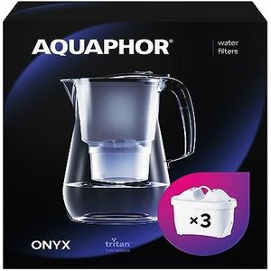 AQUAPHOR Waterfilter Onyx Zwart inclusief 3 MAXFOR+ Filter I Waterfilter in Glaslook voor 4,2 liter I Vermindert Kalk & Chloor I Perfect voor het gezin I Premium Kwaliteit I Stijlvolle Container