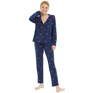 Trendyol Vrouwen hart midden gebreide shirt-broek pyjama set, Donkerblauw, XS