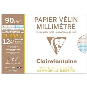Clairefontaine - Ref 97553C - Wit Vellum Graph Papier (12 Vellen) - A4 (297 x 210mm) formaat, 90 g/m² papier, grafiek uitingen, Sepia Front & Blue Back, glad oppervlak