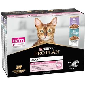 Purina Pro Plan Natvoer voor volwassen katten, delicatesse, rijk aan kalkoen en vis, 4 verpakkingen à 10 zakjes à 85 g