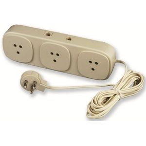 Electraline 62021 meervoudige contactdoos, 3 Italiaanse telefoonstopcontacten voor 3-polige stekkers, 2 RJ-11-stopcontacten, met kabel 1,5 m, beige