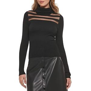DKNY Dames Crewneck Sheer Mesh Yoke Stripe Pullover Sweater Sweater, zwart, XS