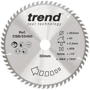 Trend Wood cirkelzaagblad, 254 mm diameter, 30 mm boring, 60 tanden, 2,4 mm snijvoeg, +10° haak, TCT, fijn oppervlak, CSB/25460