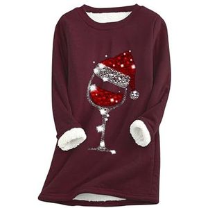 EFOFEI Dames Leuke Kerstkleding Top Met Wijnglaspatroon Lange Mouwshirt Met Ronde Hals Wijnrood L