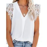 Uusollecy Dames tanktop zomer mouwloos chiffon blouse top V-hals vest top casual shirt tops blouse, Y-wit, M
