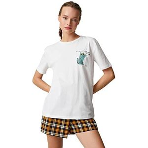 Koton Dames T-shirt met korte mouwen en ronde hals, bedrukt katoen, ecru (010), L