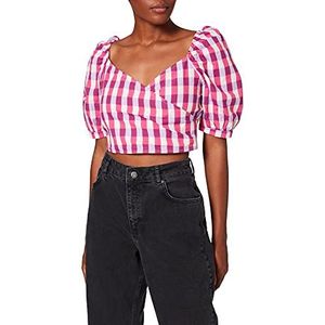 NA-KD Wrap blouse met pofmouwen, roze ruit, EU 34, roze, 34