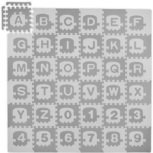 Relaxdays puzzel speelmat, ABC en cijfers, 71 delen, foam puzzelmat, peuters, baby's, BxD 179,5 x 179,5 cm, wit/grijs