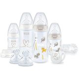 NUK Perfect Start First Choice+ babyflessenset | 0-6 maanden | 4 x antikrampjes babyflessen, fopspeen, flessenborstel en meer | BPA-vrij | 10 stuks | Safari (neutrale)