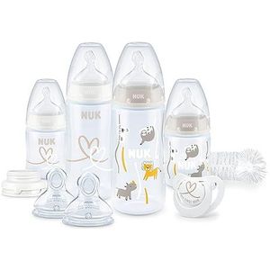 NUK Perfect Start First Choice+ babyflessenset | 0-6 maanden | 4 x antikrampjes babyflessen, fopspeen, flessenborstel en meer | BPA-vrij | 10 stuks | Safari (neutrale)