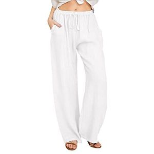 CHARTOU Women's Summer Drawstring Waist Wide Leg Loose Cotton Linen Palazzo Pants (Medium, White)