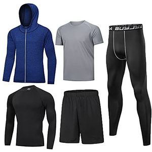 BUYJYA Set van 5 compressiebroeken, shirt, top, met lange mouwen, sportvest, gymkleding voor heren, workout, L