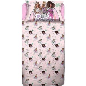Barbie Bedlaken voor eenpersoonsbed, roze, meisjes, beddengoed voor kinderkamer, kussensloop 50 x 80 cm, 100% katoen, officieel product