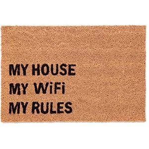 Relaxdays deurmat kokos, met tekst 'my house, my wifi, my rules', 60 x 40 cm, antislip kokosmat, binnen & buiten, natuur