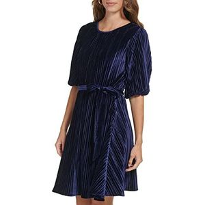 DKNY Dames Bubble Sleeve Pleated Velvet Dress, Midnight Navy, 12, midnight navy, 42