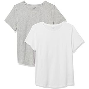 Amazon Essentials Women's Klassiek T-shirt van 100% katoen met korte mouwen en ronde hals (verkrijgbaar in grote maten), Pack of 2, Lichtgrijs/Wit, L